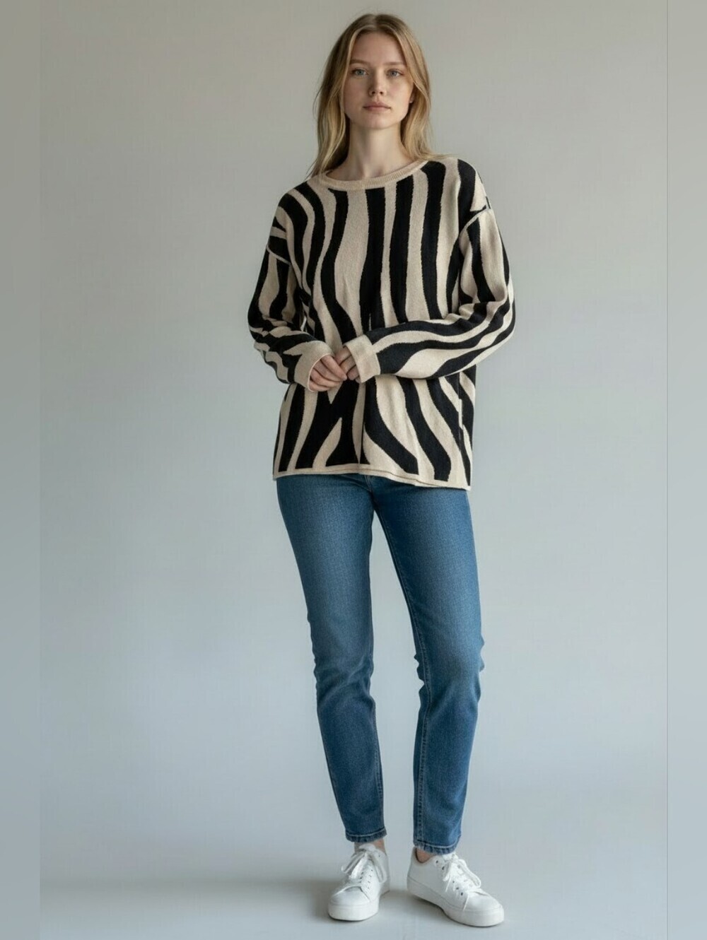 Tribal Black & Cream Zebra Stripe Cotton Knit Sweater